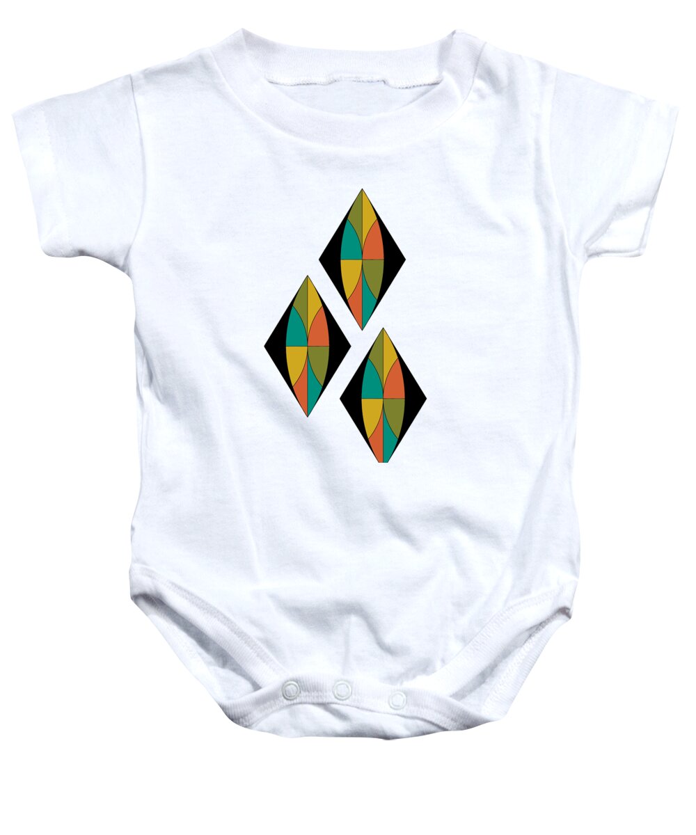 Mid Century Baby Onesie featuring the digital art Triple Diamonds Mid Century on white with diagonal line background by DB Artist