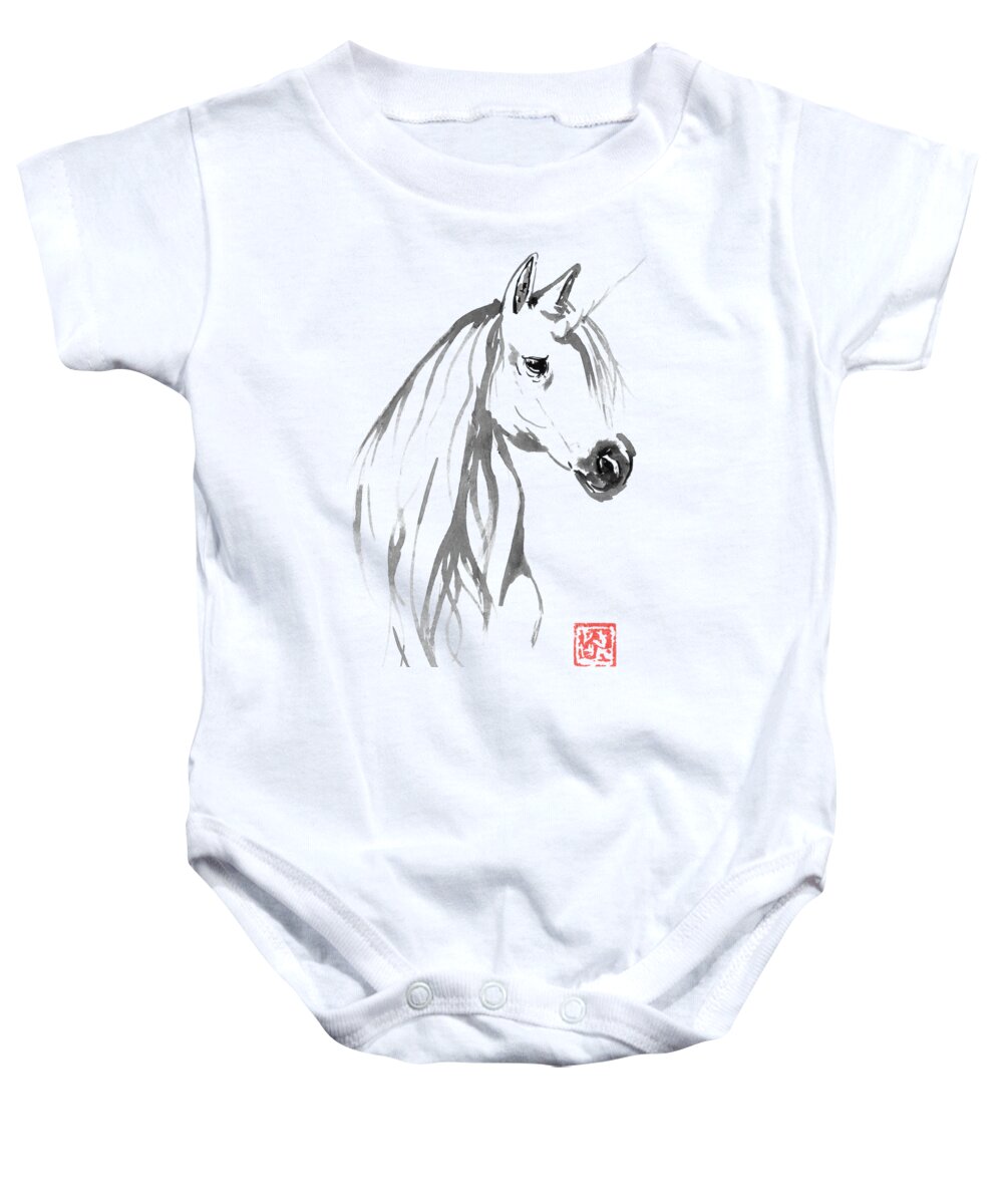 Unicorn Baby Onesie featuring the drawing Unicorn by Pechane Sumie
