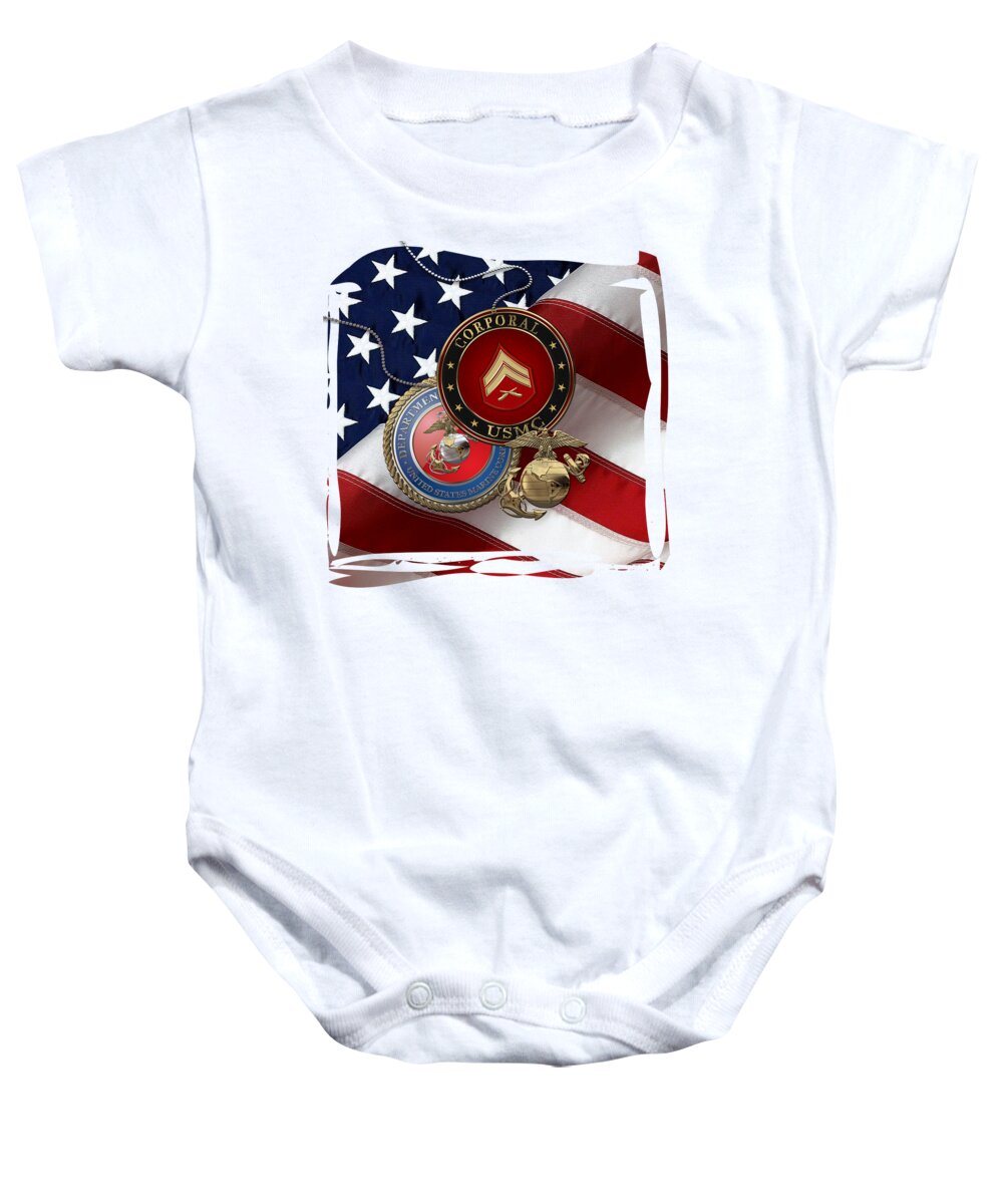 Military Insignia & Heraldry Collection By Serge Averbukh Baby Onesie featuring the digital art U.S. Marine Corporal Rank Insignia with Seal and EGA over American Flag by Serge Averbukh