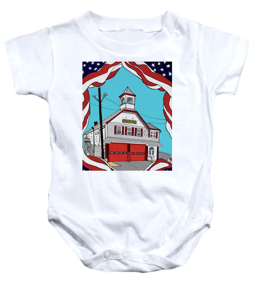 Valley Stream Fire House Fire Dept. Baby Onesie featuring the painting Valley Stream Corona Ave. Fire House by Mike Stanko