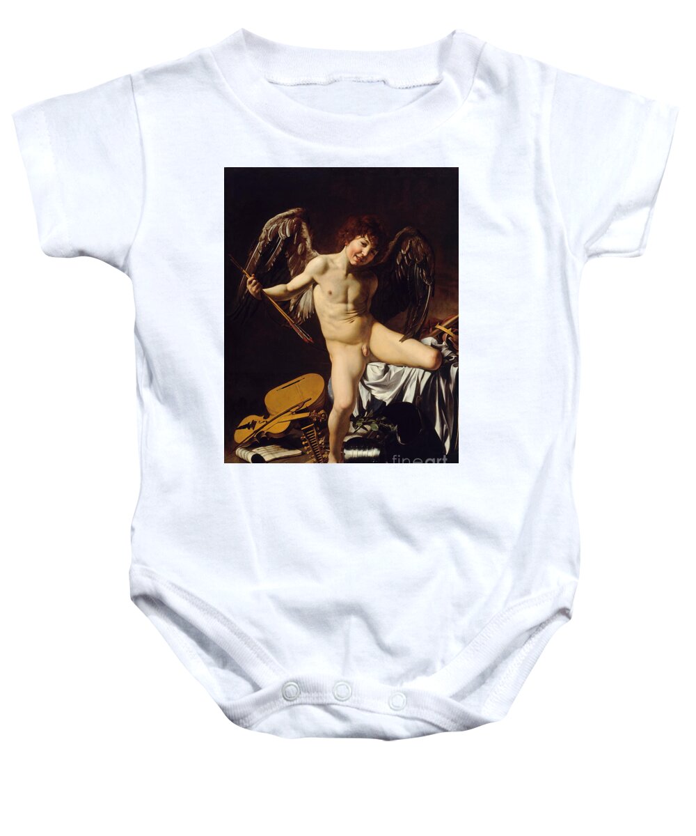 Amor Victorious Baby Onesie featuring the painting Victorious Cupid by Michelangelo Merisi da Caravaggio