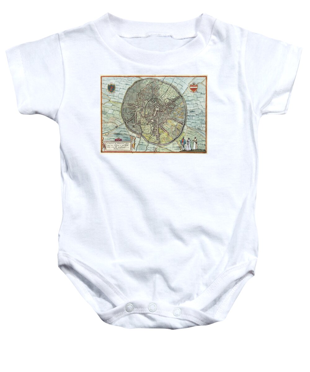 1581 Baby Onesie featuring the drawing View Of Leuven, 1581 by Georg Braun and Franz Hogenberg
