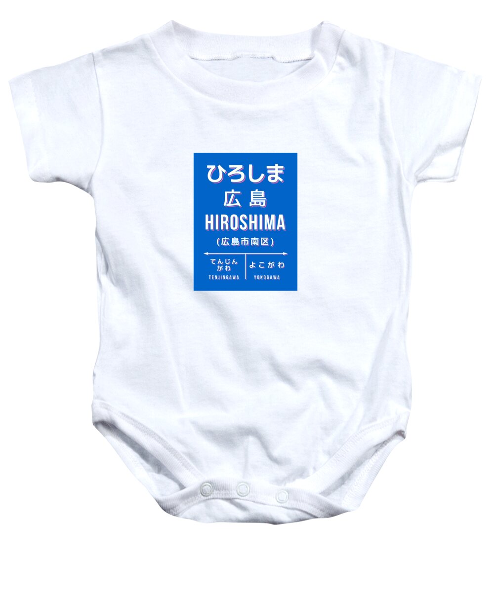 Japan Baby Onesie featuring the digital art Vintage Japan Train Station Sign - Hiroshima City Blue by Organic Synthesis
