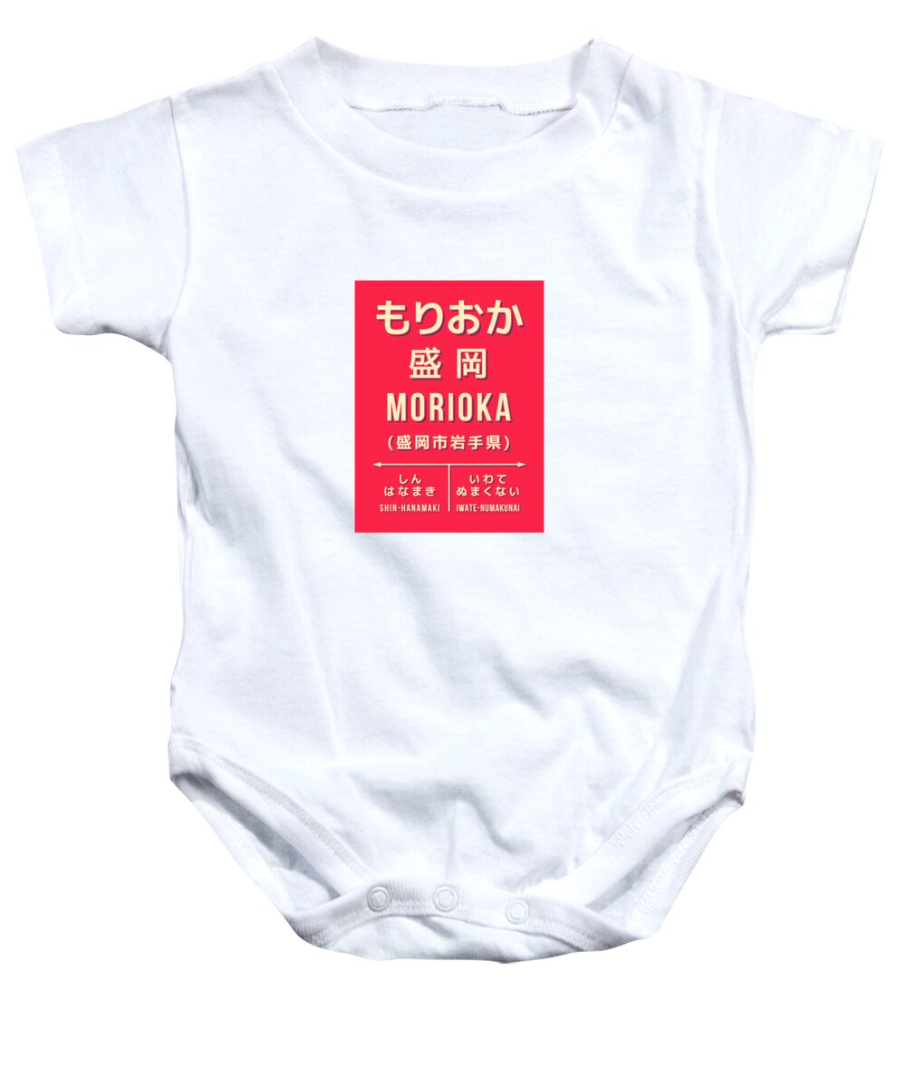 Japan Baby Onesie featuring the digital art Vintage Japan Train Station Sign - Morioka Iwate Red by Organic Synthesis