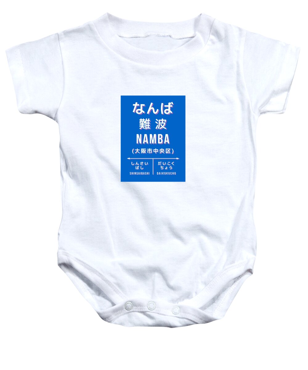 Japan Baby Onesie featuring the digital art Vintage Japan Train Station Sign - Namba Osaka Blue by Organic Synthesis
