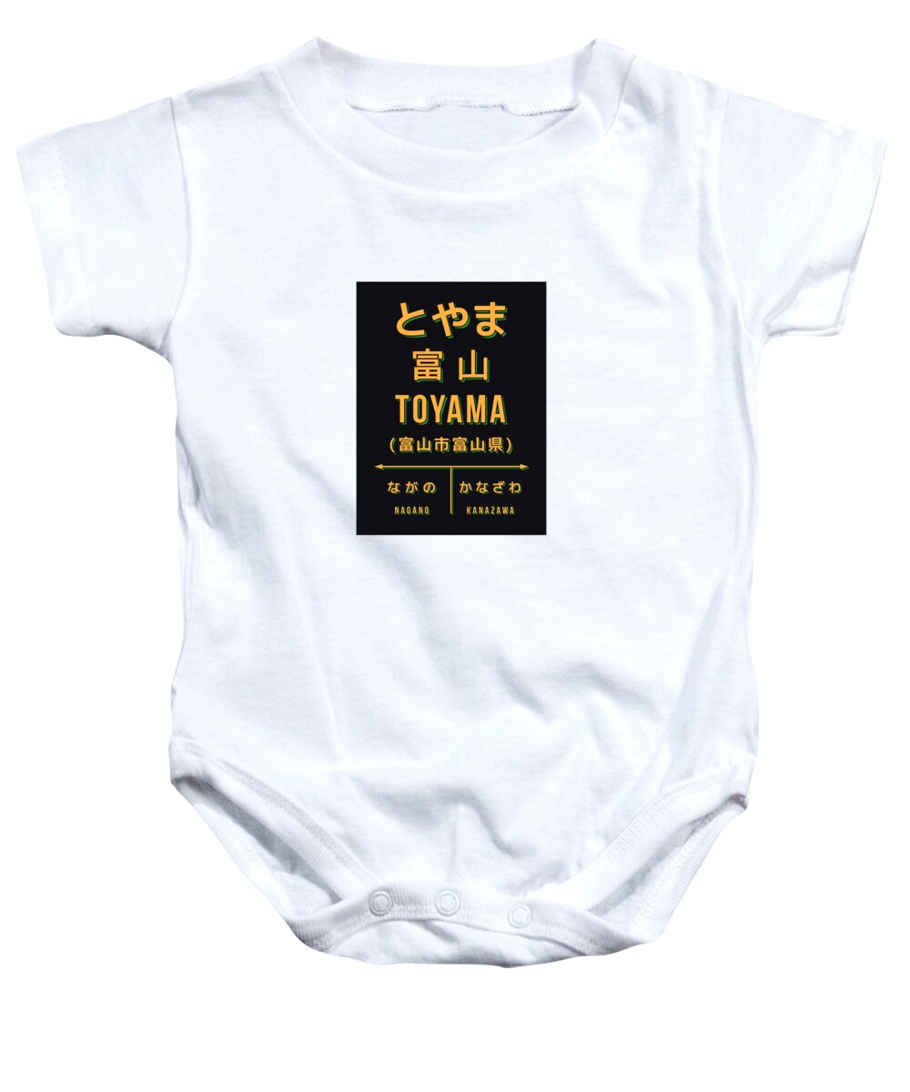 Japan Baby Onesie featuring the digital art Vintage Japan Train Station Sign - Toyama City Black by Organic Synthesis
