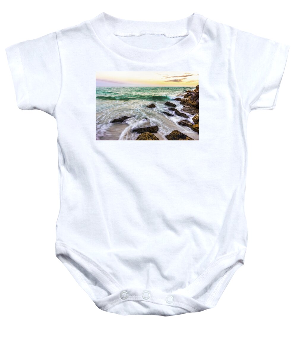 Beach Baby Onesie featuring the photograph Waves on the Rocks at Sunset by Mike Whalen