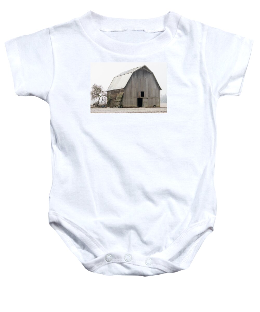 Weathered Baby Onesie featuring the photograph Weathered Barn in the Fog by Catherine Avilez