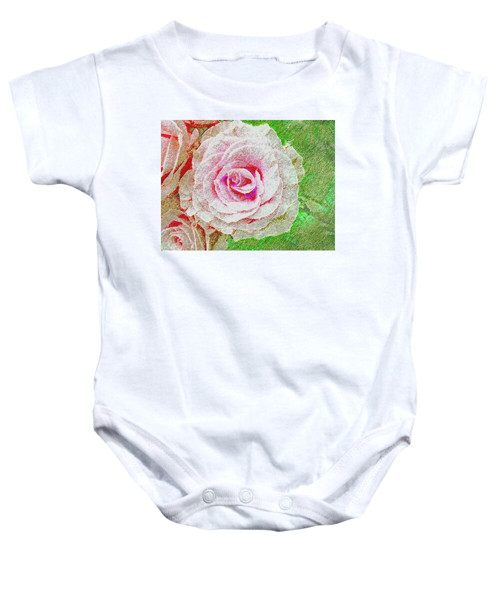 Rose Baby Onesie featuring the photograph White Rose in Pink and Green by Corinne Carroll