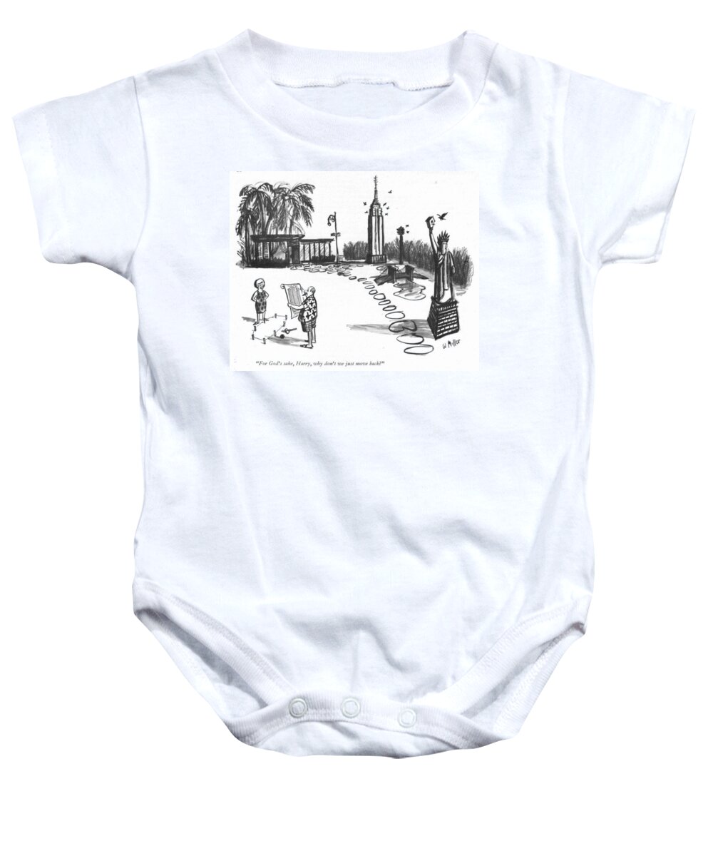 for God's Sake Baby Onesie featuring the drawing Why Don't We Just Move Back by Warren Miller