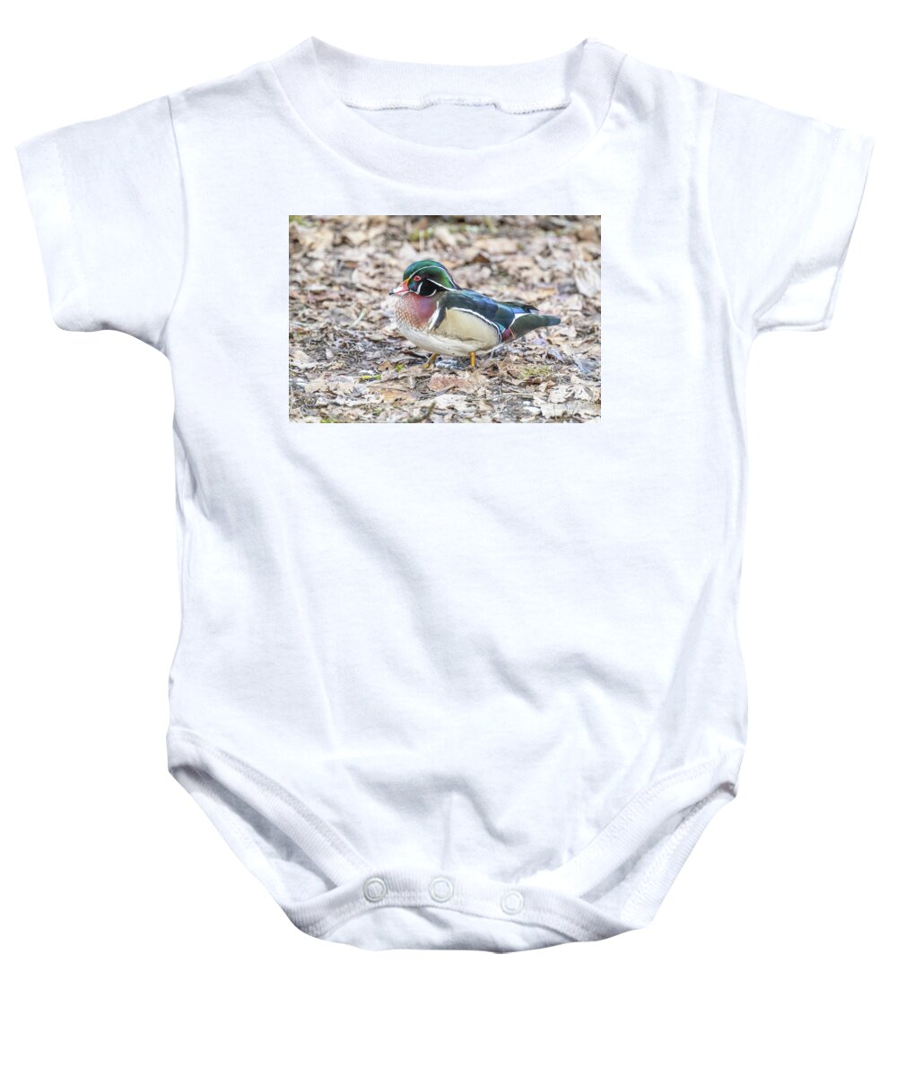 Wood Duck Baby Onesie featuring the photograph Wood Duck in the Leaves by Jerry Cahill