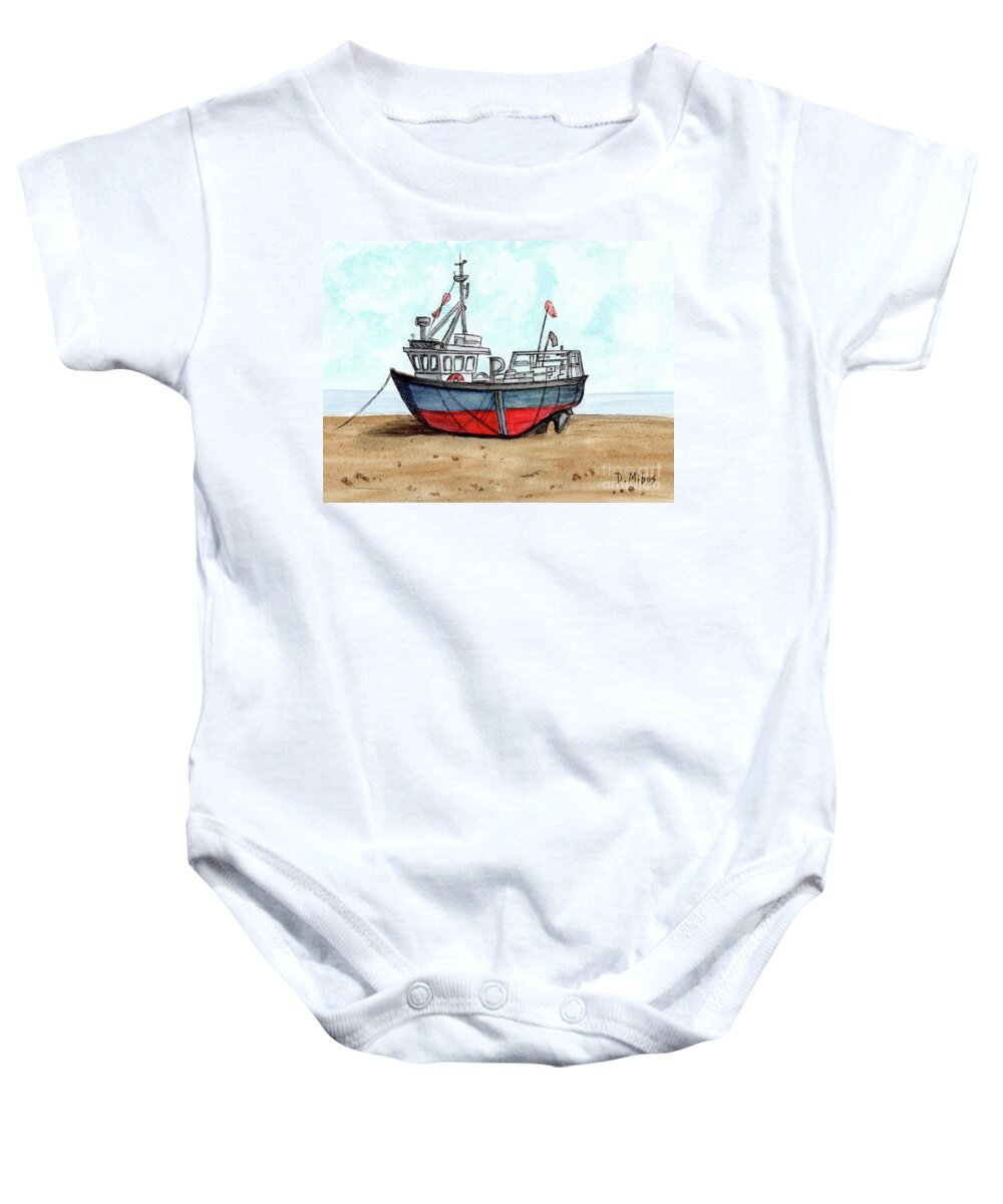 Colorful Wooden Fishing Boat Baby Onesie featuring the painting Wooden Fishing Boat on the Beach by Donna Mibus