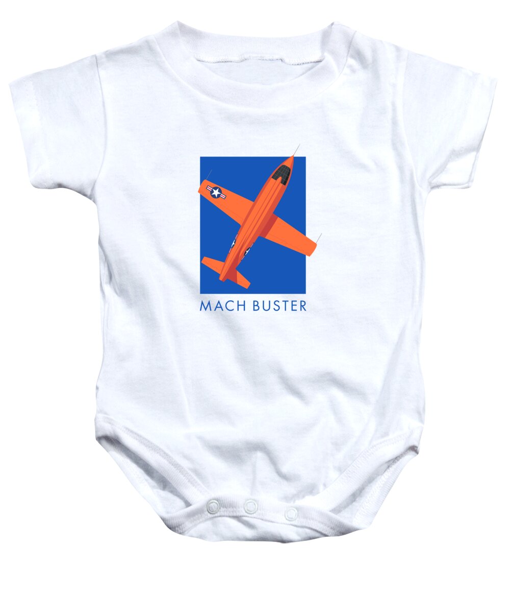 Aircraft Baby Onesie featuring the digital art X-1 Mach Buster Rocket Aircraft - Orange Blue by Organic Synthesis