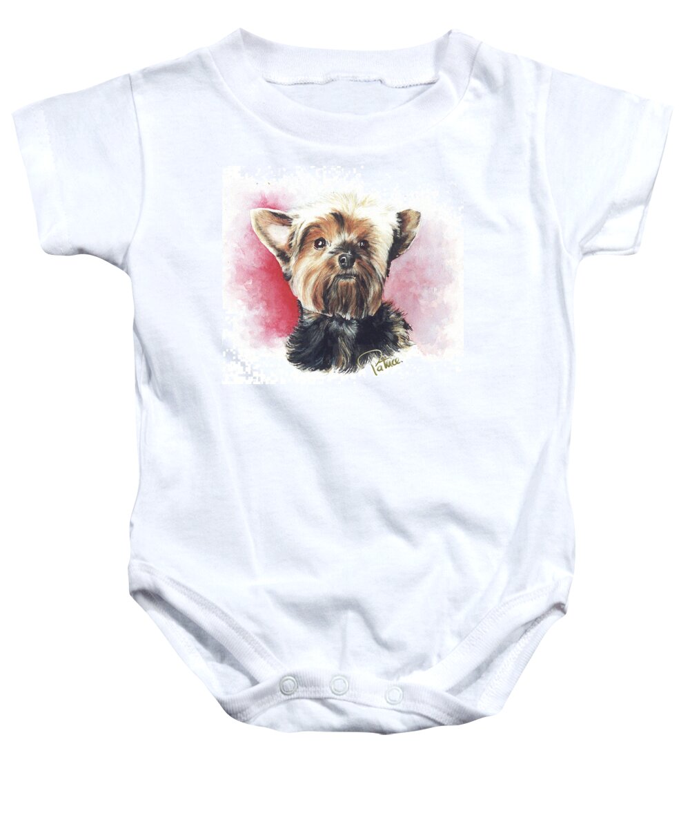 Commissioned Watercolored Art By Patrice Baby Onesie featuring the painting Yorkie Hero by Patrice Clarkson