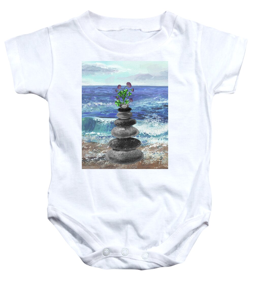 Zen Rocks Baby Onesie featuring the painting Zen Rocks Cairn Meditative Tower And Pink Clover Flower Watercolor by Irina Sztukowski