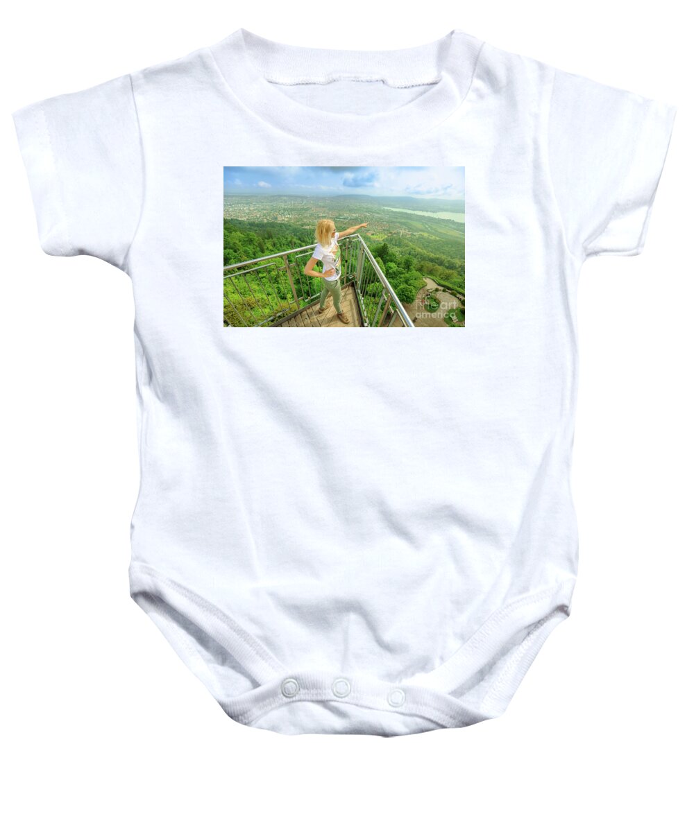 Switzerland Baby Onesie featuring the photograph Zurich panorama from Uetliberg tower sunset by Benny Marty