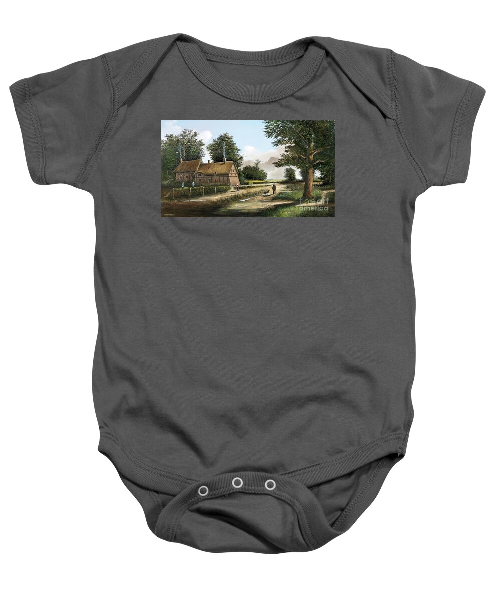 Countryside Baby Onesie featuring the painting Anne Hathaway's Cottage, Warwickshire - England by Ken Wood
