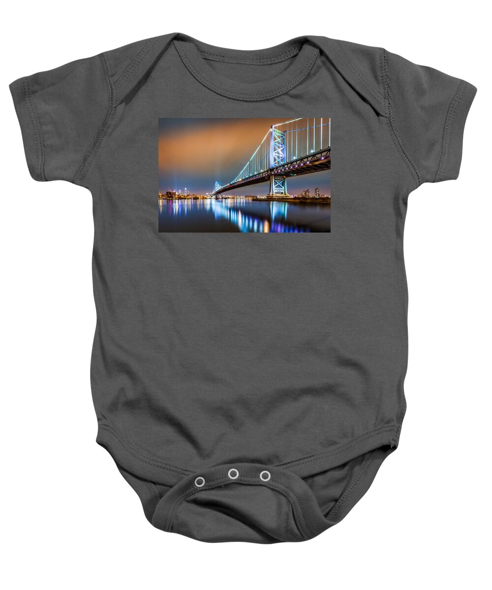 Ben Franklin Bridge Baby Onesie featuring the photograph Ben Franklin Bridge and Philadelphia skyline by night #1 by Mihai Andritoiu