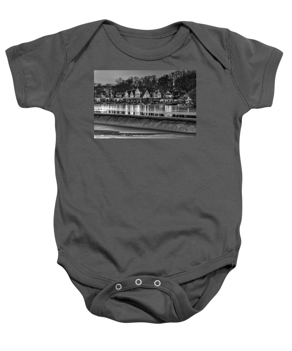 Boat House Row Baby Onesie featuring the photograph Boathouse Row BW by Susan Candelario