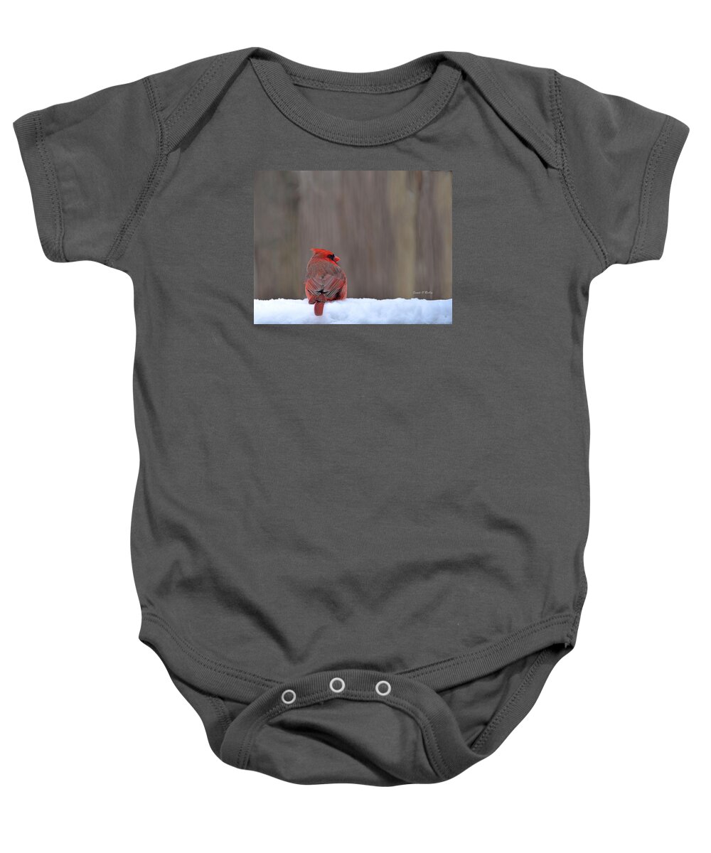 Northern Cardinal Baby Onesie featuring the photograph Cardinal In The Snowstorm #1 by Sandi OReilly