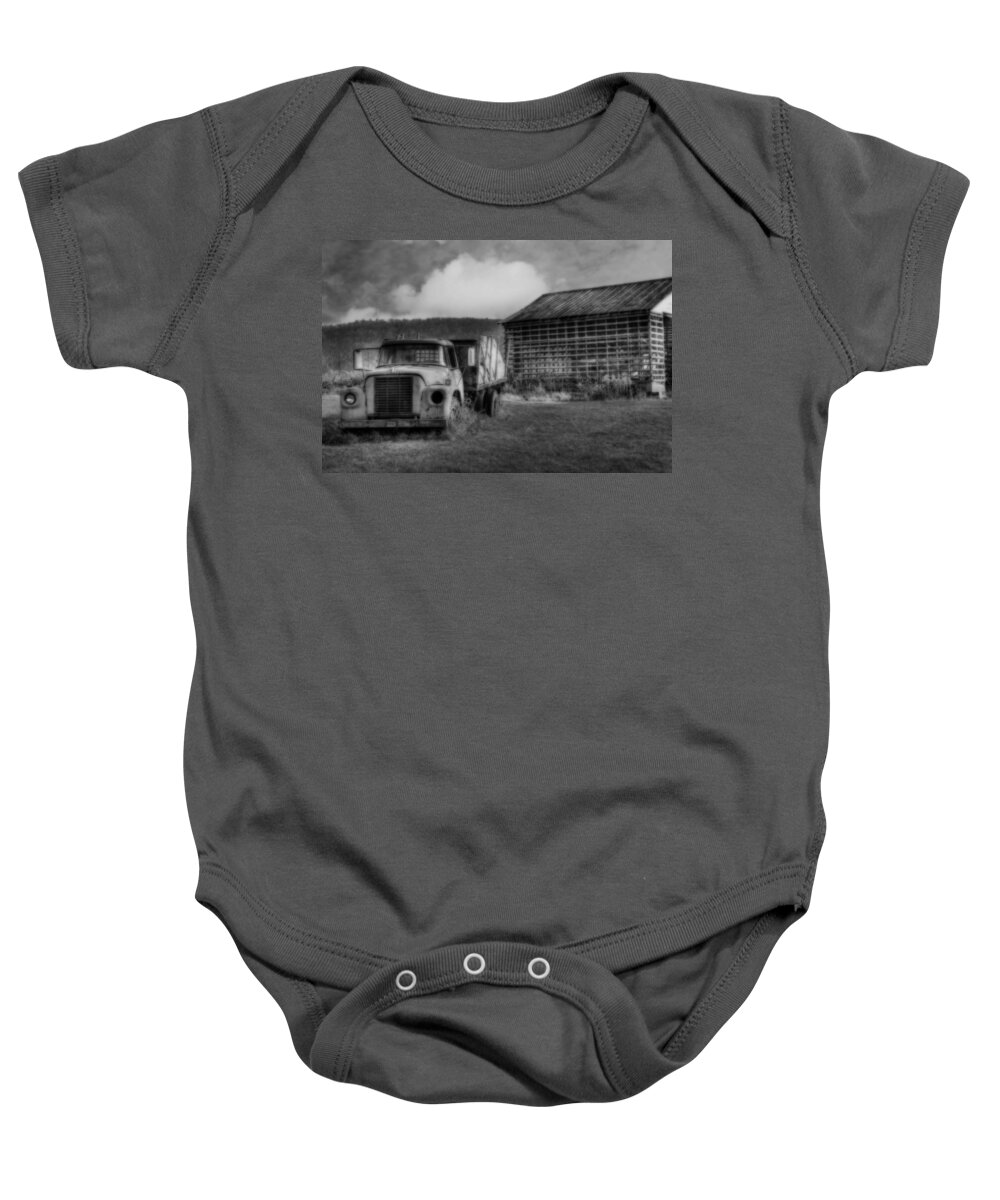Harrisburg Baby Onesie featuring the photograph Latsha Lumber Company - BandW by Shelley Neff