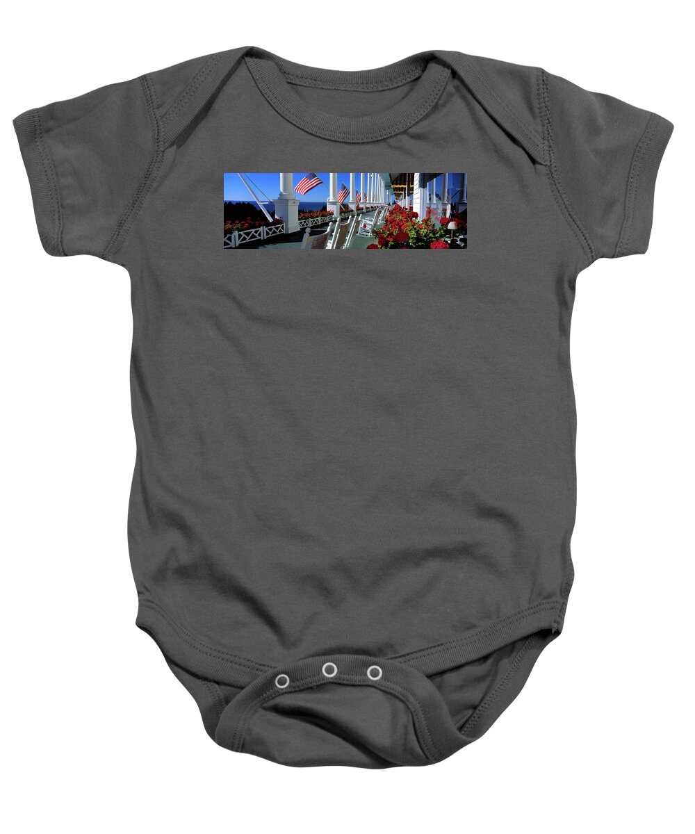 Photography Baby Onesie featuring the photograph Porch Of The Grand Hotel, Mackinac #1 by Panoramic Images