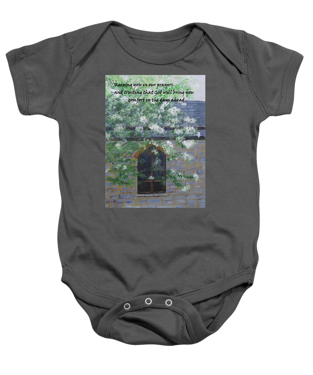 Sympathy Card Baby Onesie featuring the painting Sympathy Card with Church #1 by Linda Feinberg