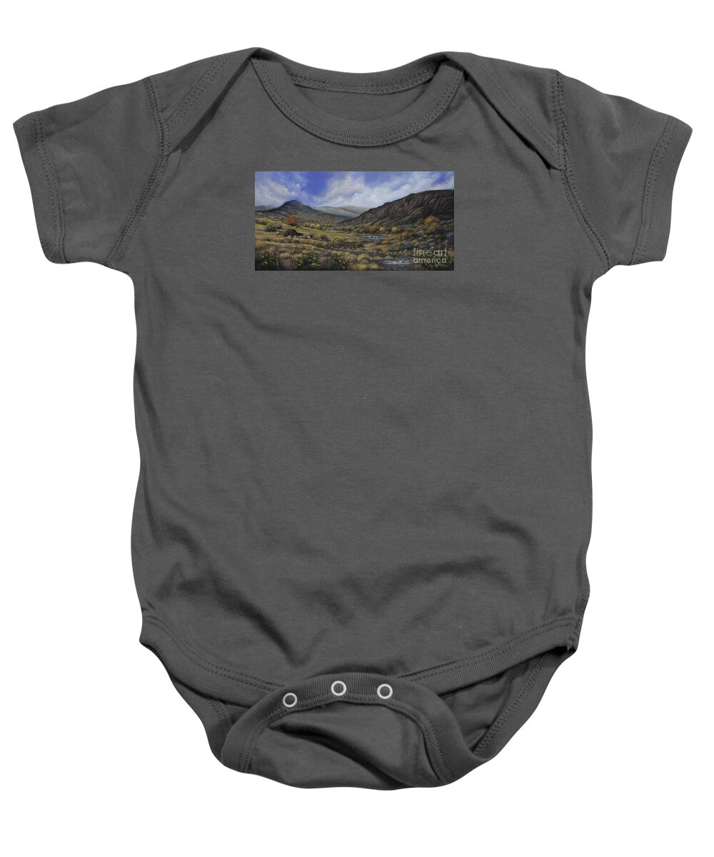 Southwest-landscape Baby Onesie featuring the painting Tres Piedras by Ricardo Chavez-Mendez