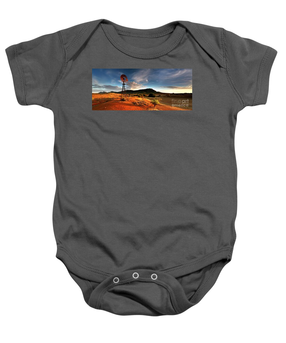 Wilpena Pound Windmill Rawnsley Bluff Flinders Ranges South Australia Australian Landscape Landscapes Early Morning Dam Drought Outback Baby Onesie featuring the photograph Wilpena Pound by Bill Robinson