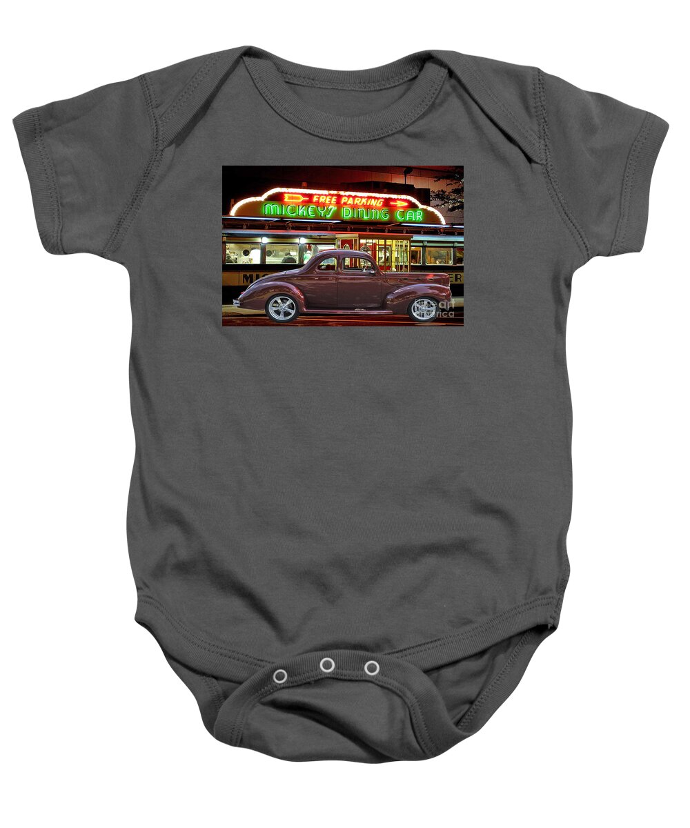 Old Baby Onesie featuring the photograph 1940 Ford Deluxe Coupe at Mickeys Dinner by Gary Keesler