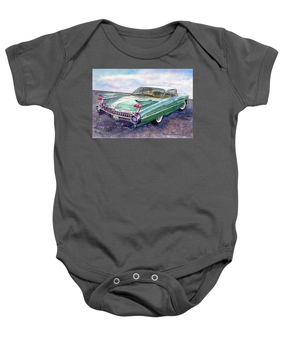 1959 Cadillac Baby Onesie featuring the painting 1959 Cadillac Cruising by Anna Ruzsan