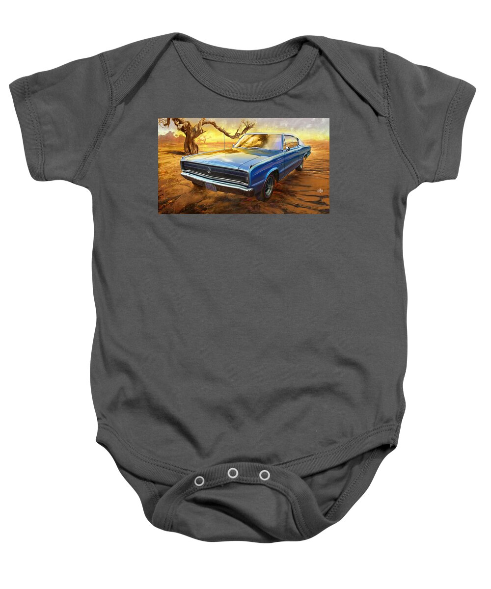 Car Enthusiast Baby Onesie featuring the digital art 1967 Dodge Charger in the Desert by Garth Glazier
