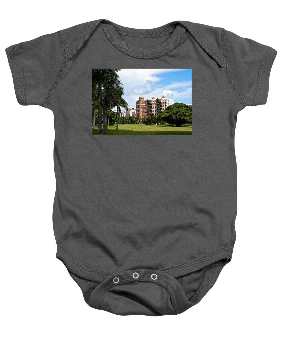 Blue Sky Baby Onesie featuring the photograph 1st Hole at Granada Golf Course by Ed Gleichman