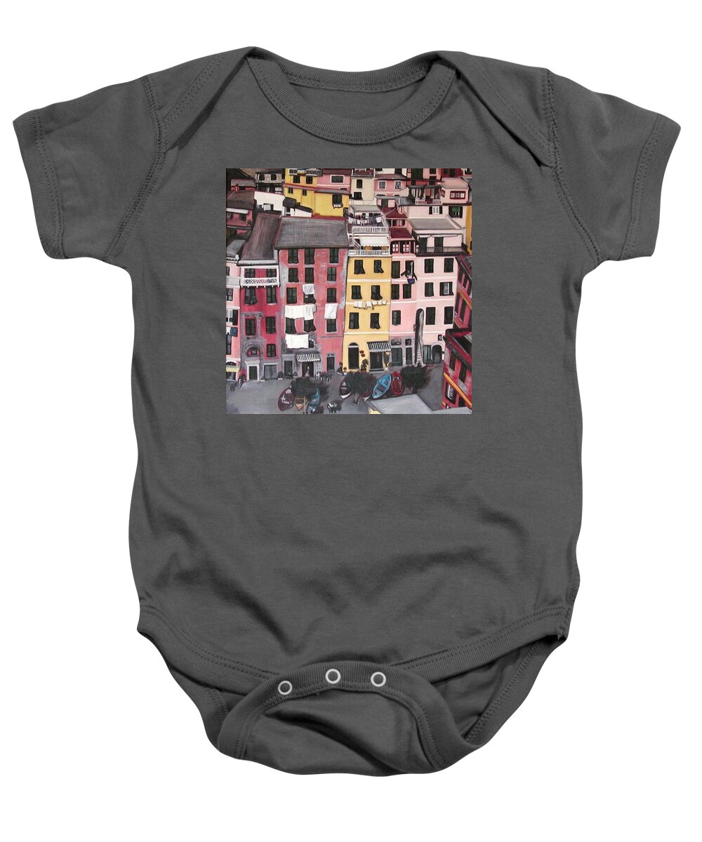 Vernazza Baby Onesie featuring the painting A Bird's Eye View of Cinque Terre by Quin Sweetman