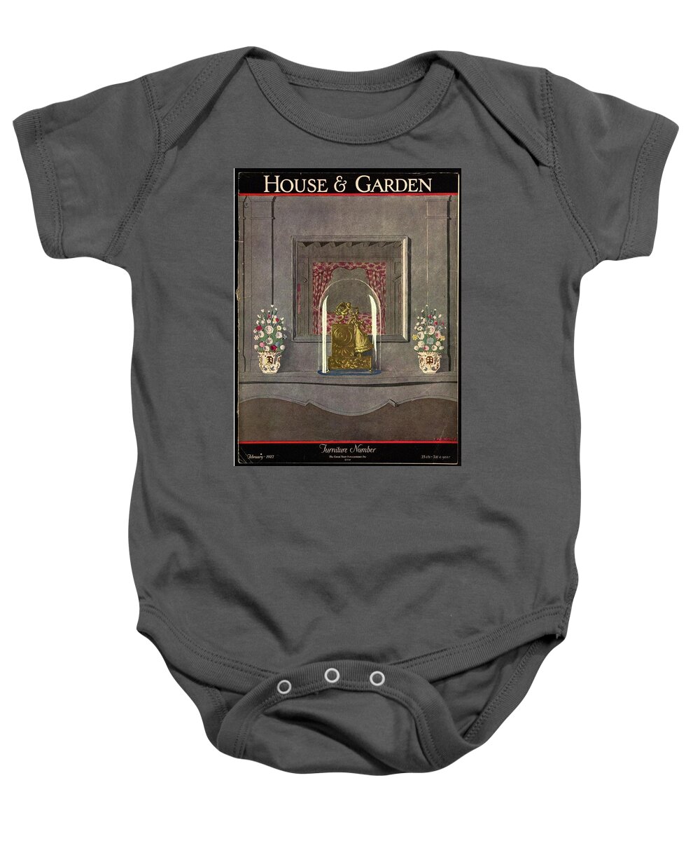 House And Garden Baby Onesie featuring the photograph A Gilded Mantle Clock In A Bell Jar by Andre E. Marty