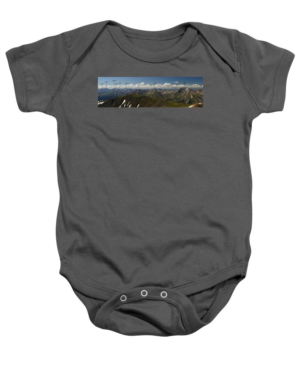 Summit View Baby Onesie featuring the photograph A Summit View Panorama with Peak Labels by Jeremy Rhoades