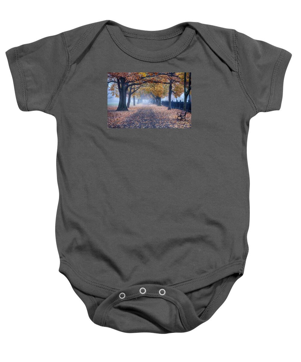 Salem Baby Onesie featuring the photograph A walk in Salem fog by Jeff Folger