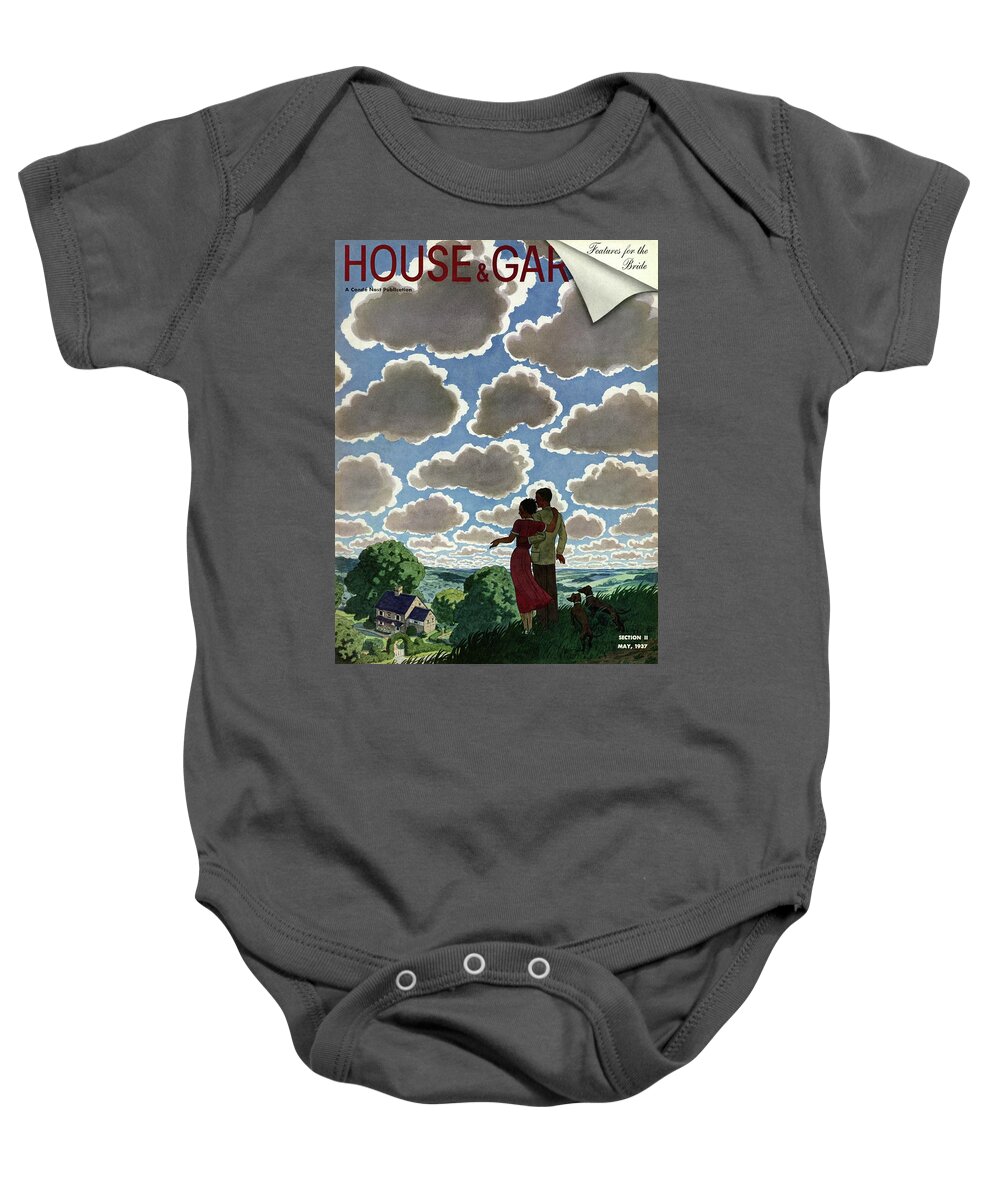House And Garden Baby Onesie featuring the photograph A Young Couple And Their Dogs On A Hilltop by Pierre Brissaud