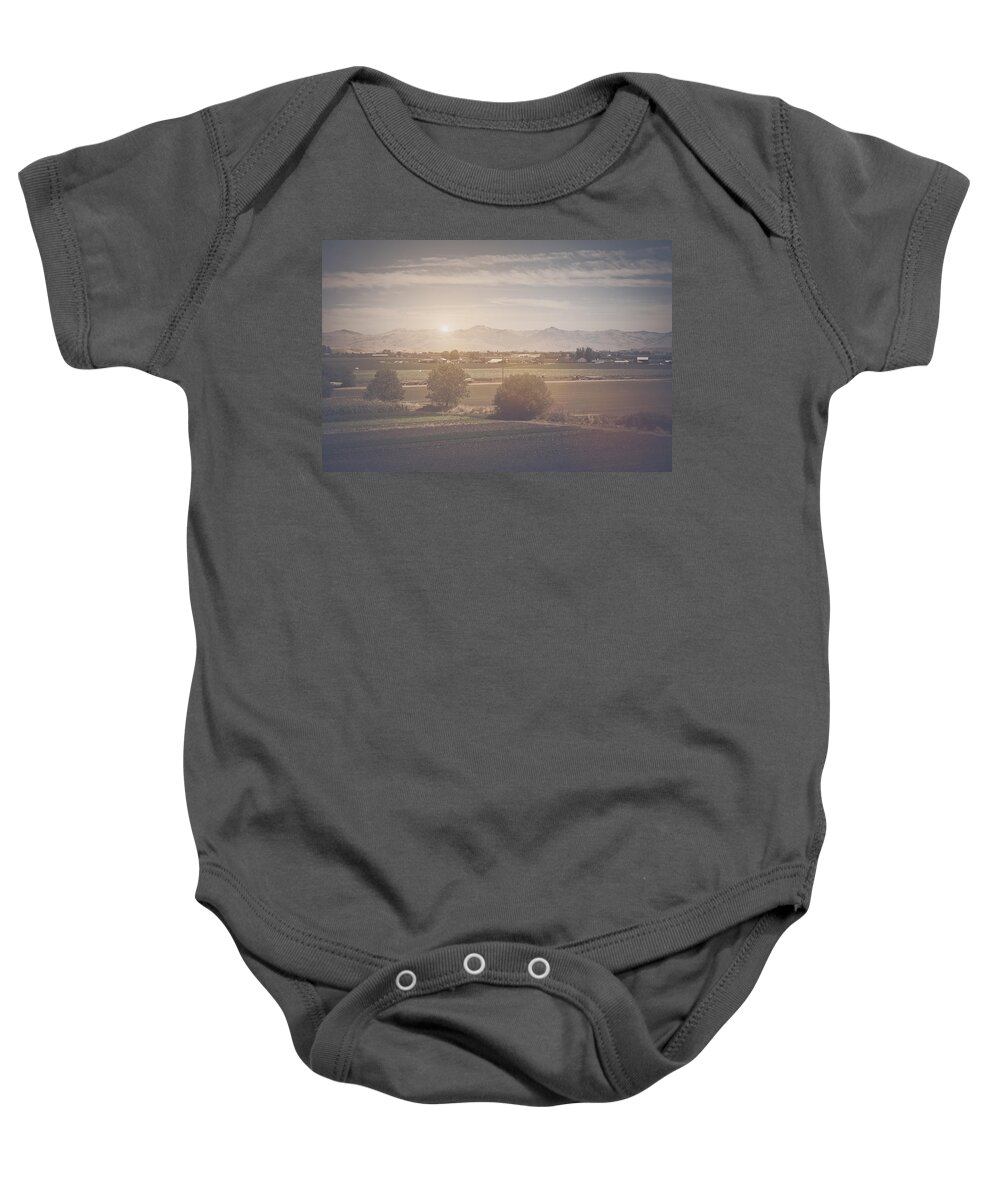 Green Baby Onesie featuring the photograph Agriculture Scene in Retro Instagram Style Filter by Brandon Bourdages