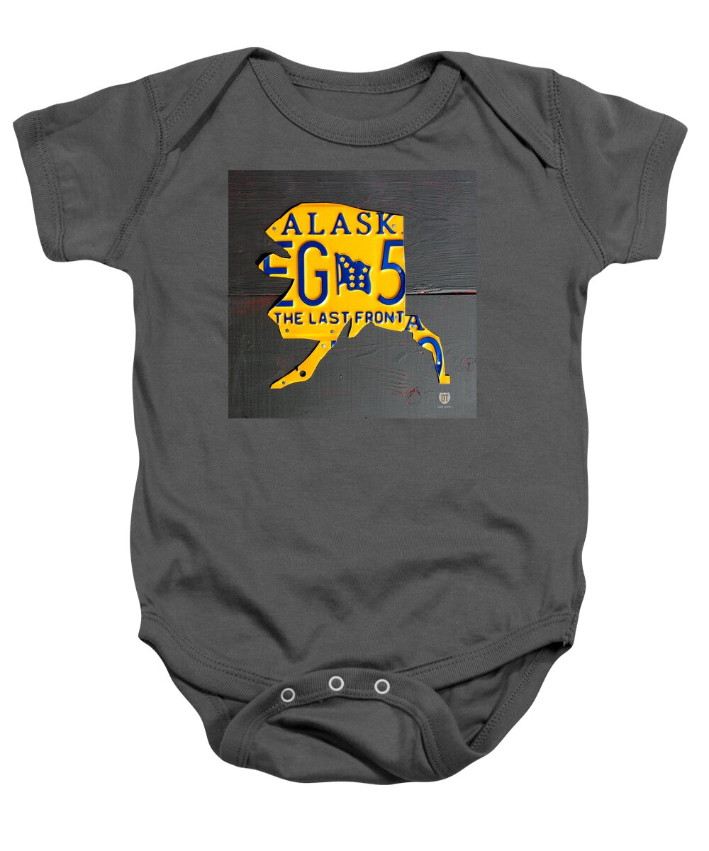 Alaska Baby Onesie featuring the mixed media Alaska License Plate Map Artwork by Design Turnpike