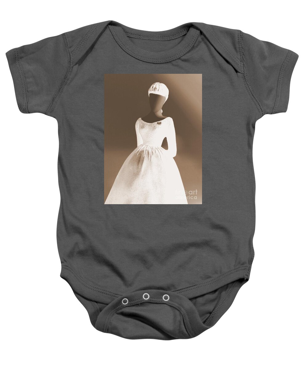 Funky Baby Onesie featuring the photograph Am I Really Here . sepia by Renee Trenholm