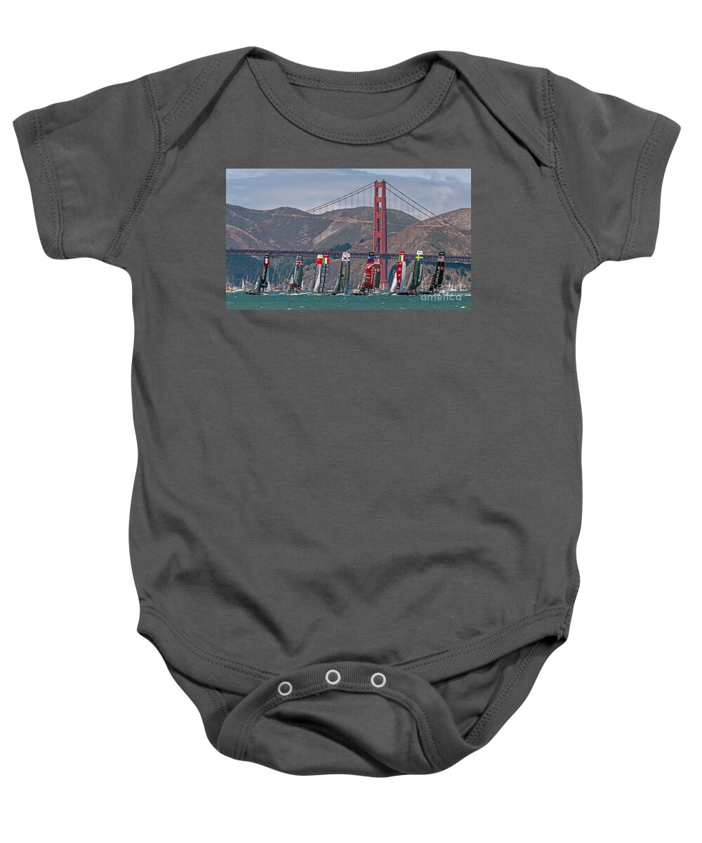 America's Cup Baby Onesie featuring the photograph Americas Cup Catamarans at the Golden Gate by Kate Brown