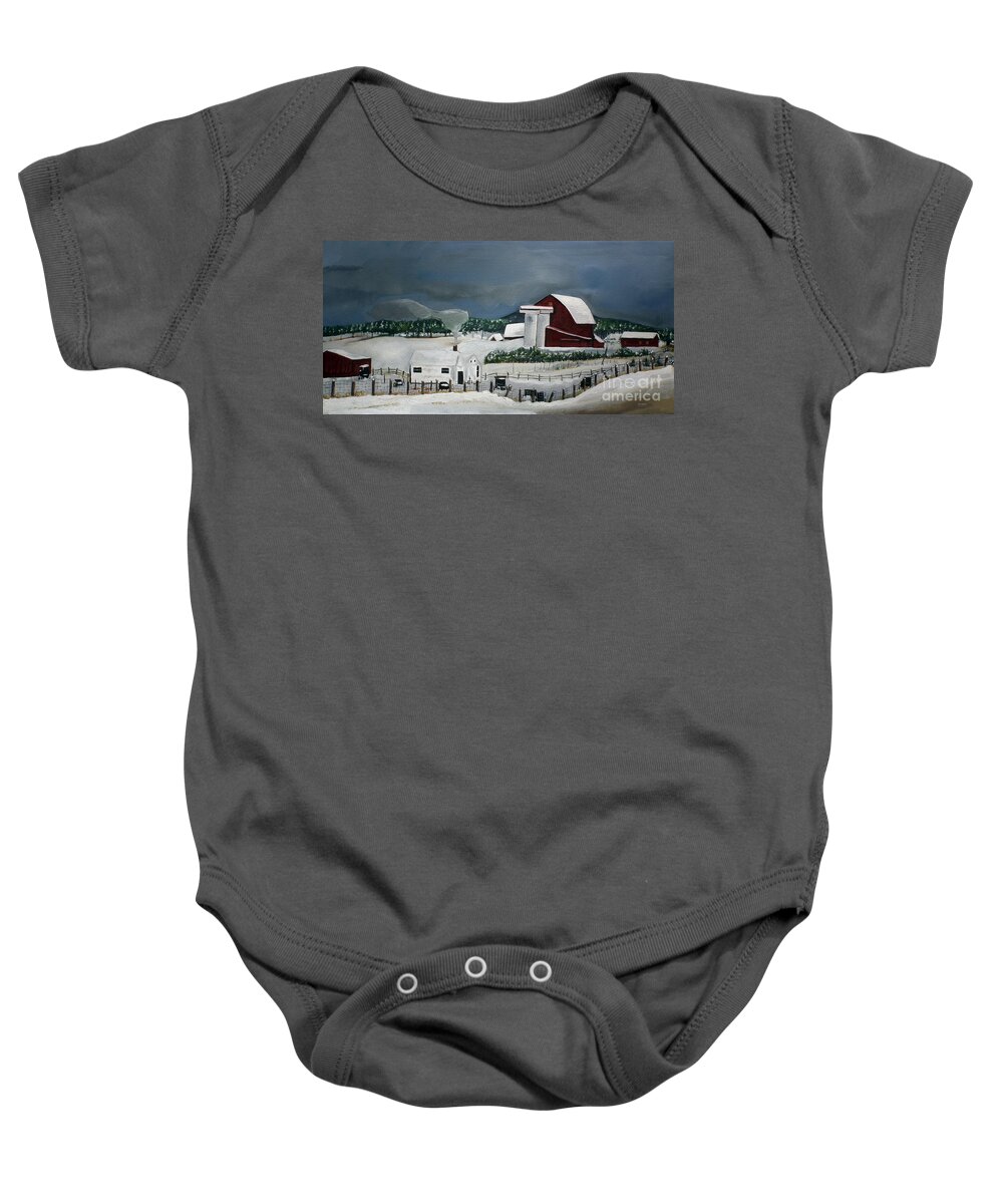 Amish Farm In Winter Baby Onesie featuring the painting Amish Farm - Winter - Michigan by Jan Dappen