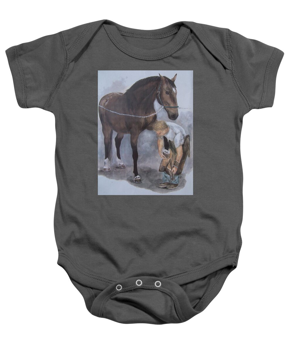 Farrier Baby Onesie featuring the painting Another Day at the Office by Kathy Laughlin
