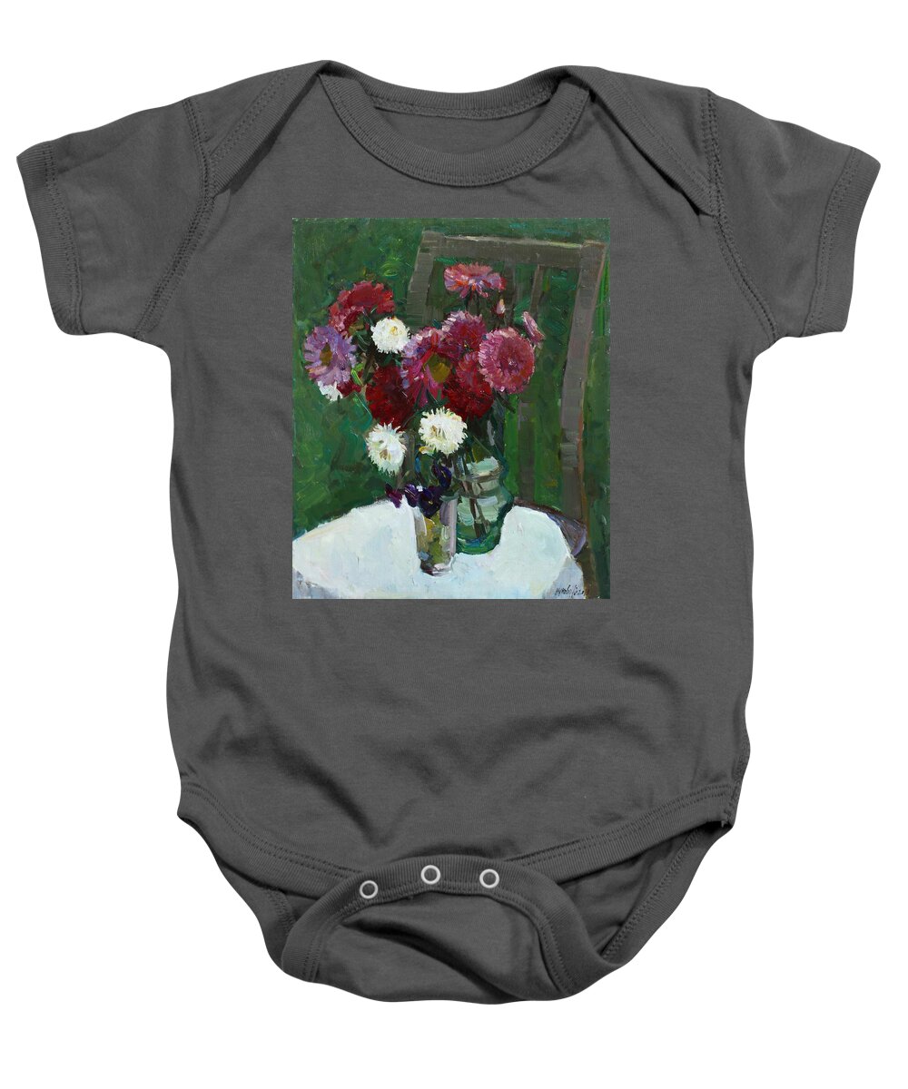 Aster Baby Onesie featuring the painting Asters in the first frosts by Juliya Zhukova