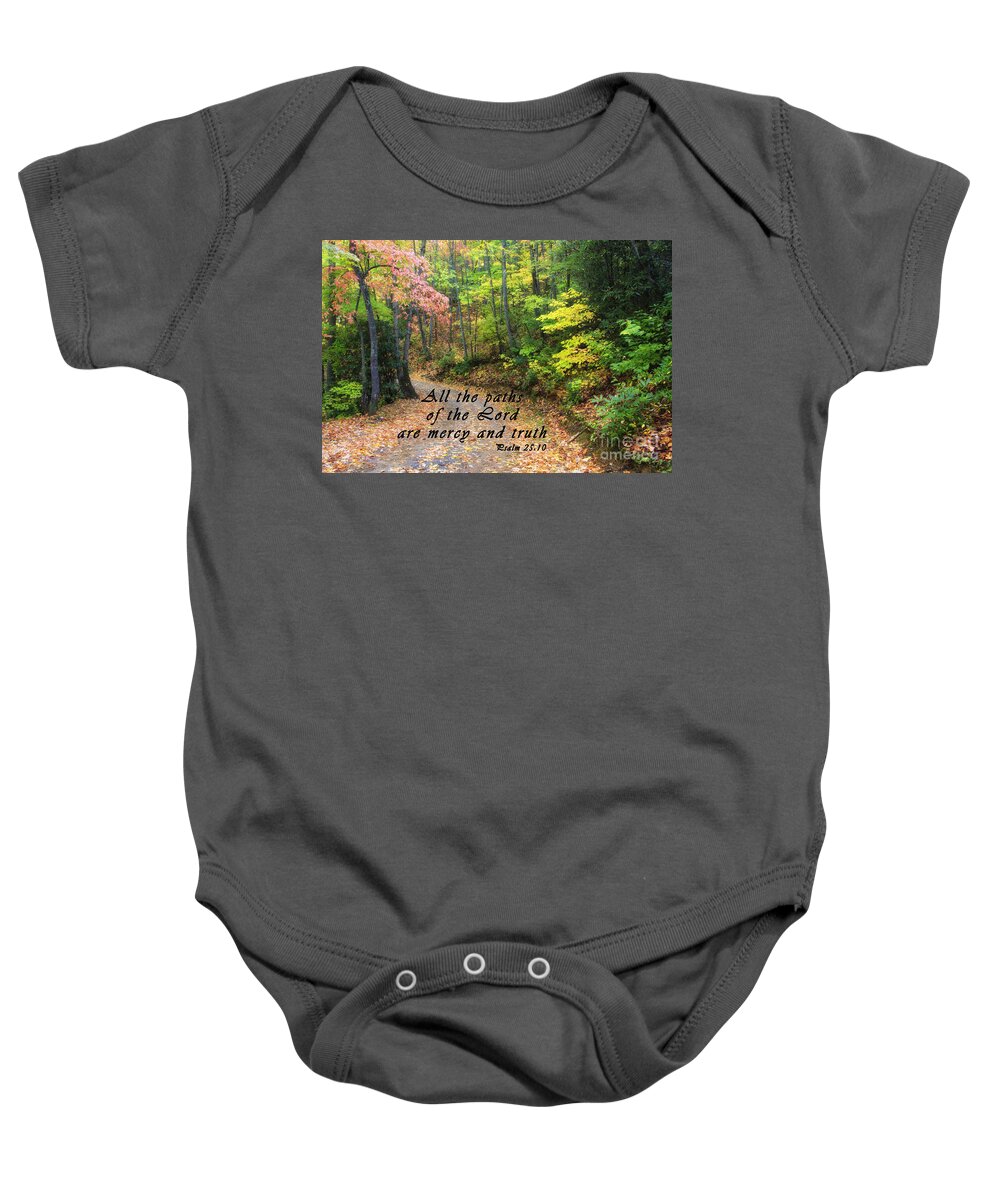 North Baby Onesie featuring the photograph Autumn Path with Scripture by Jill Lang