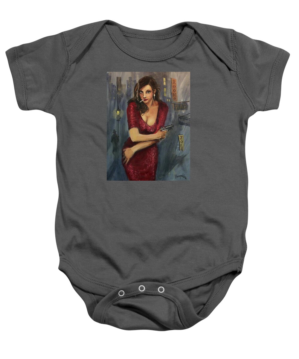 City At Night Baby Onesie featuring the painting Bad Girl by Tom Shropshire