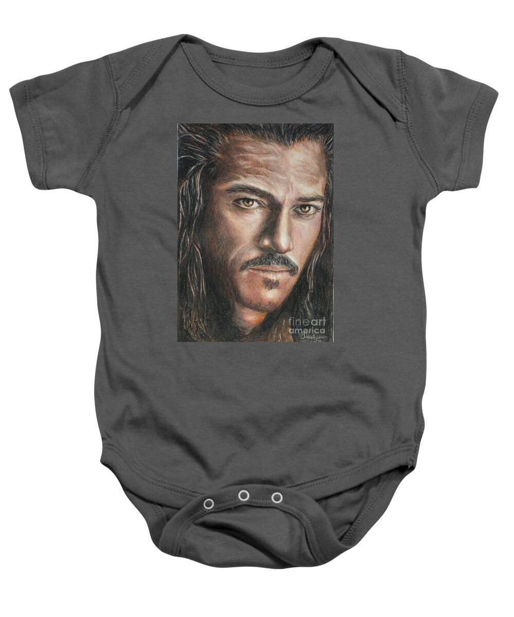 Hobbit Baby Onesie featuring the drawing Bard the Bowman / Luke Evans by Christine Jepsen