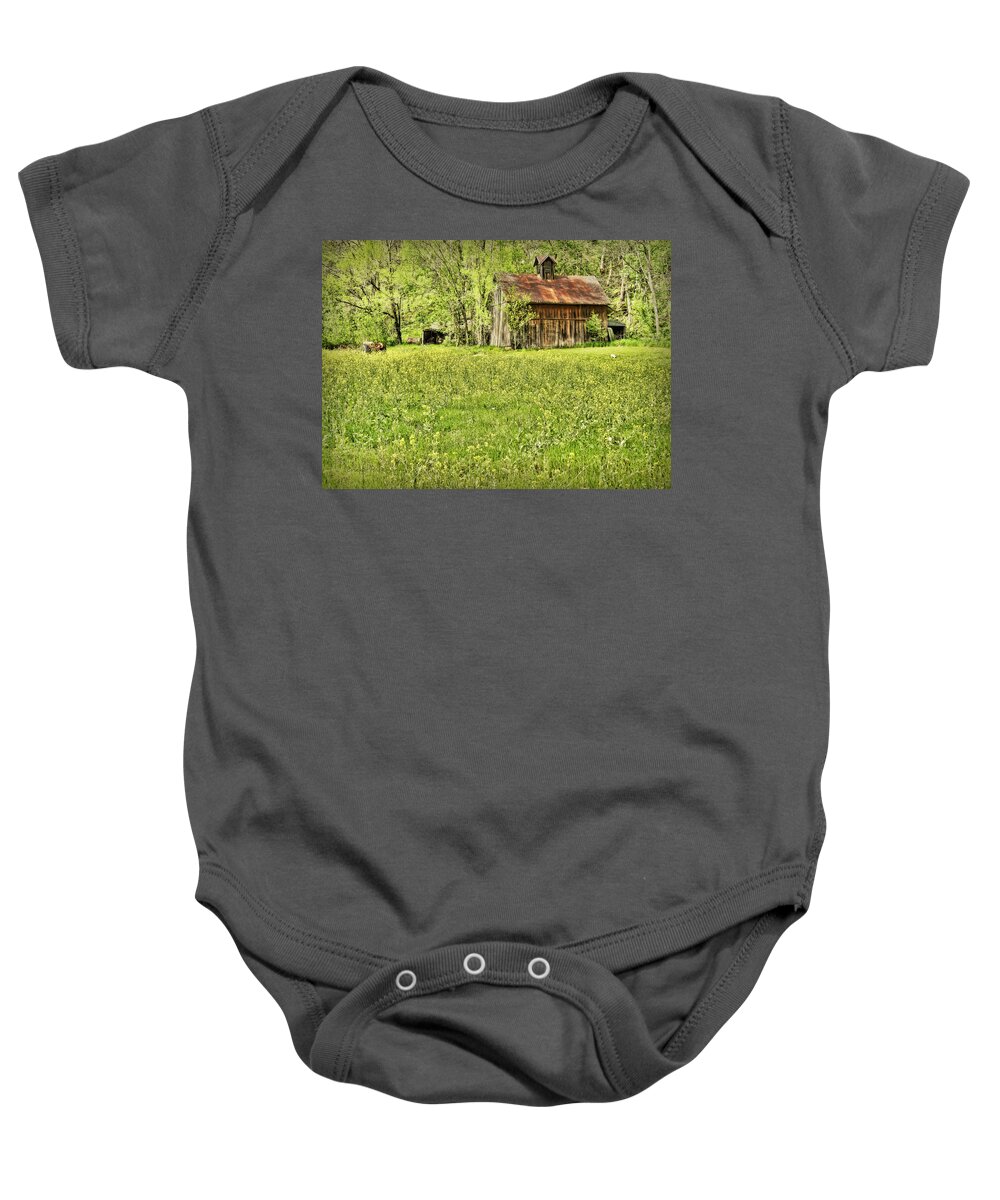 Barn Baby Onesie featuring the photograph Barn in Wild Turnips by Cricket Hackmann