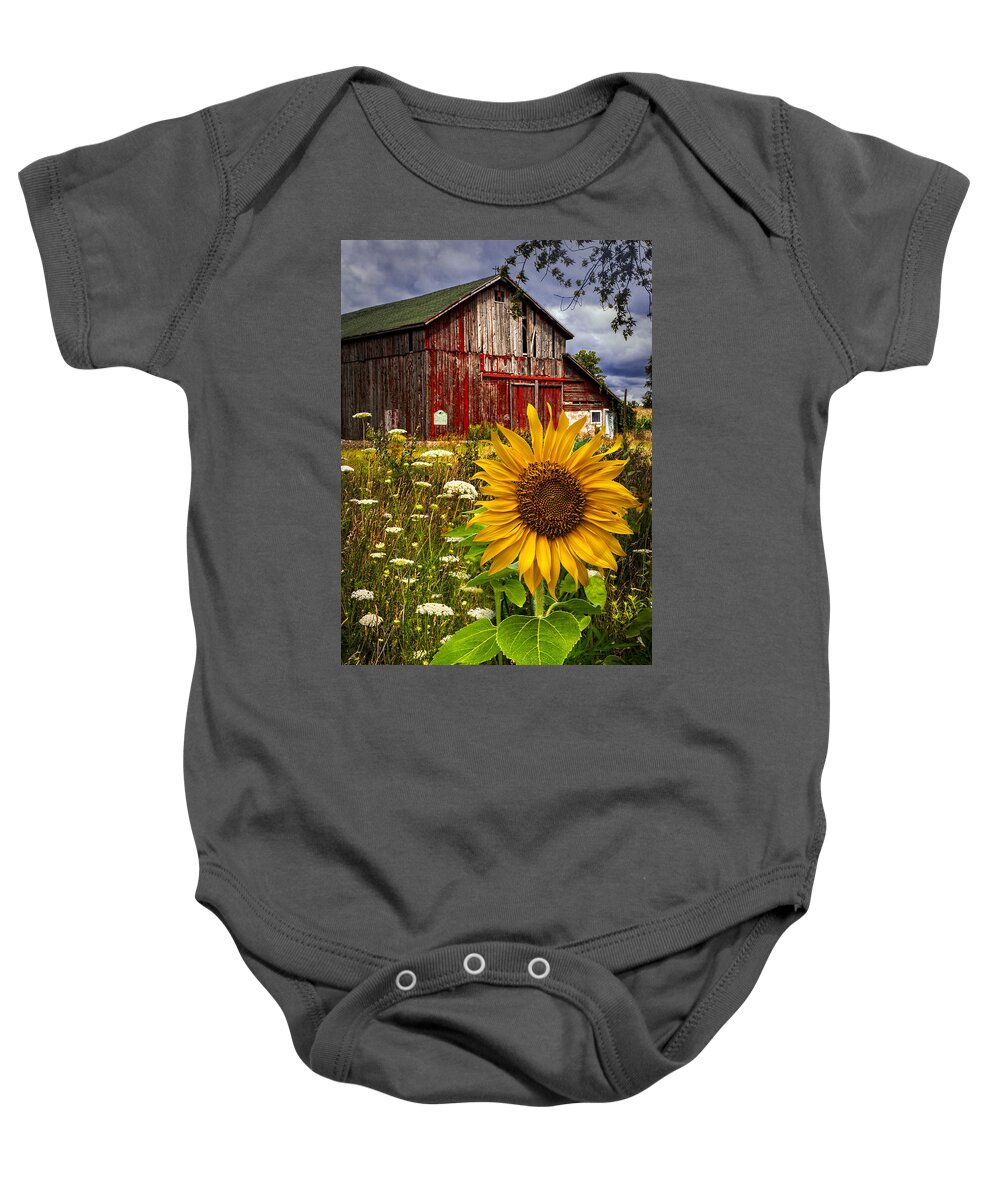 Barn Baby Onesie featuring the photograph Barn Meadow Flowers by Debra and Dave Vanderlaan